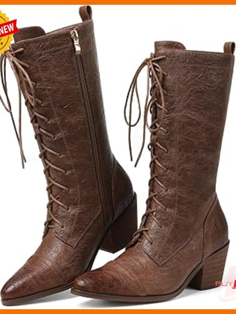 Mid Calf Combat Boots Chunky Heel Lace Up Vintage Pointed Toe